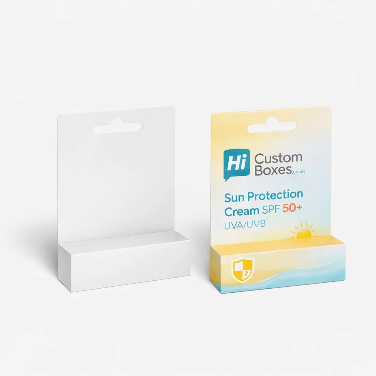 Two small retail display boxes with header cards- including a blank white and branded version- class=